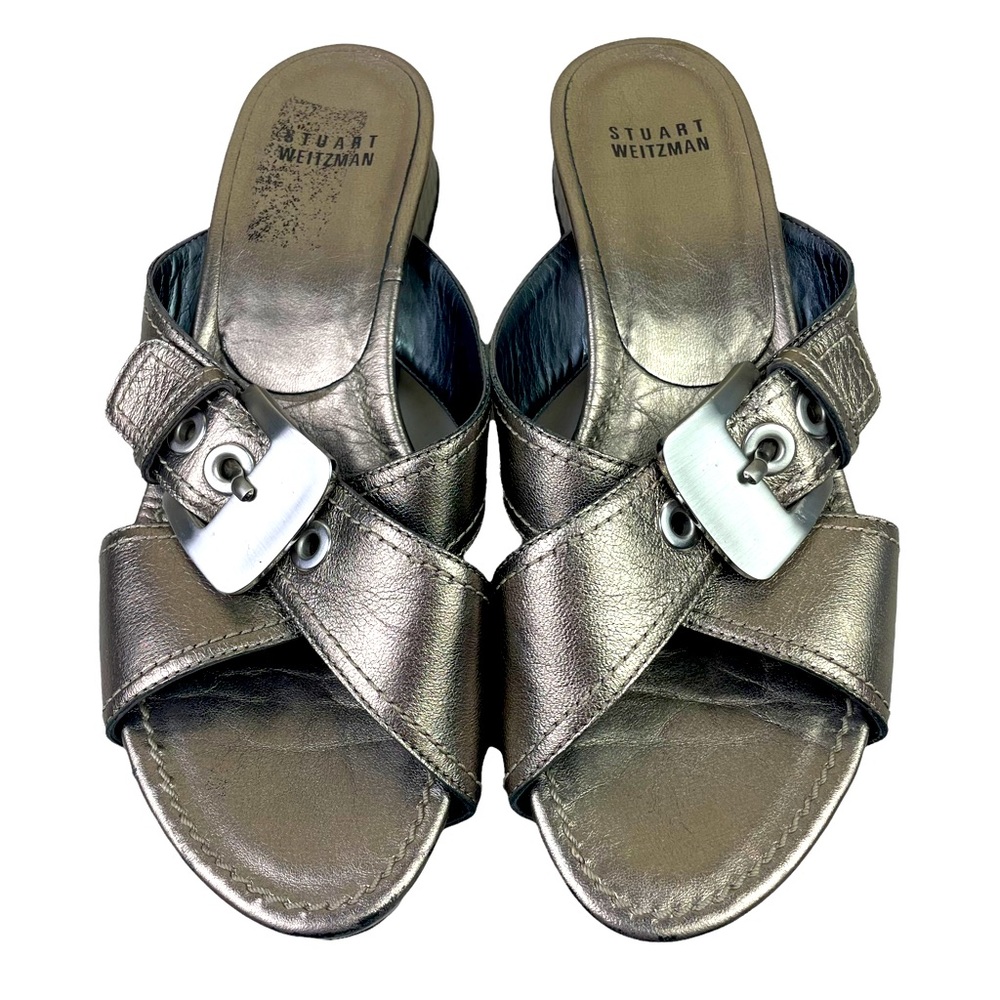 Stuart Weitzman Reptile Embossed Metallic Wedge Sandals Buckles Gold Size 7